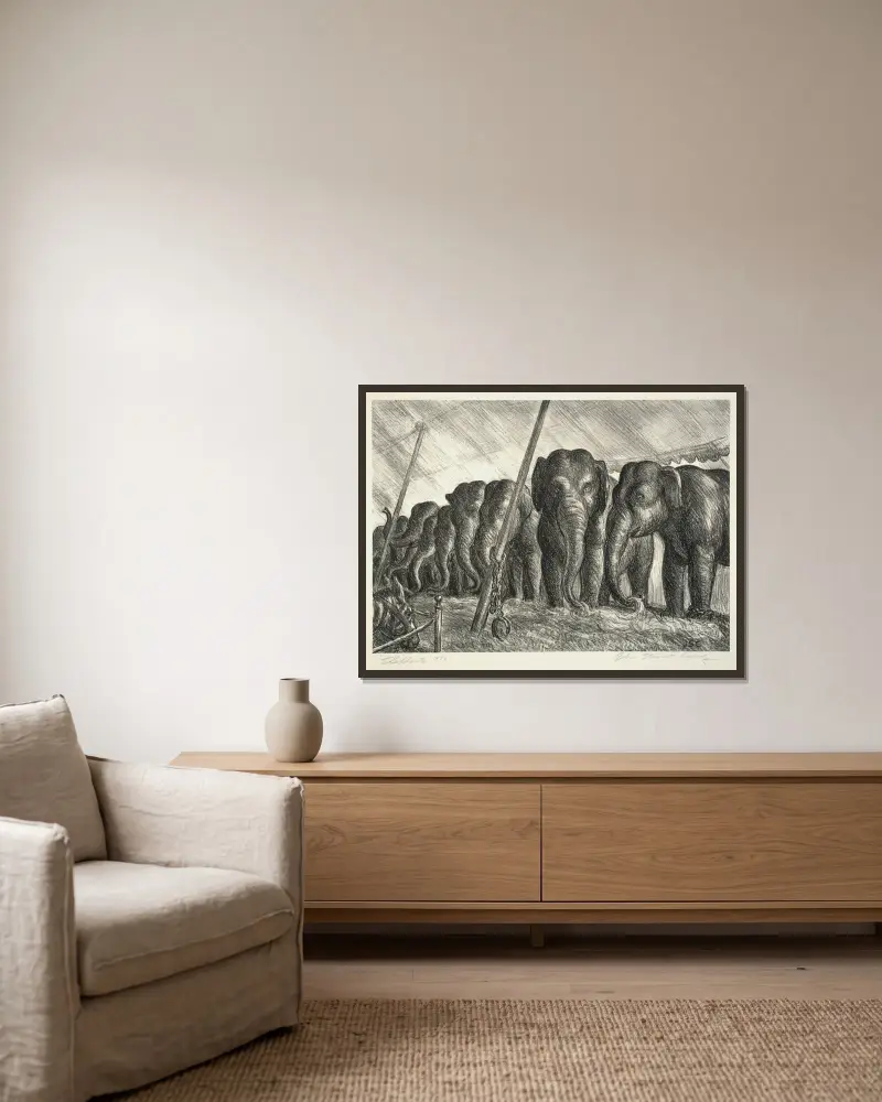 Zirkuselefanten von John Steuart Curry gerahmt an einer Wand
