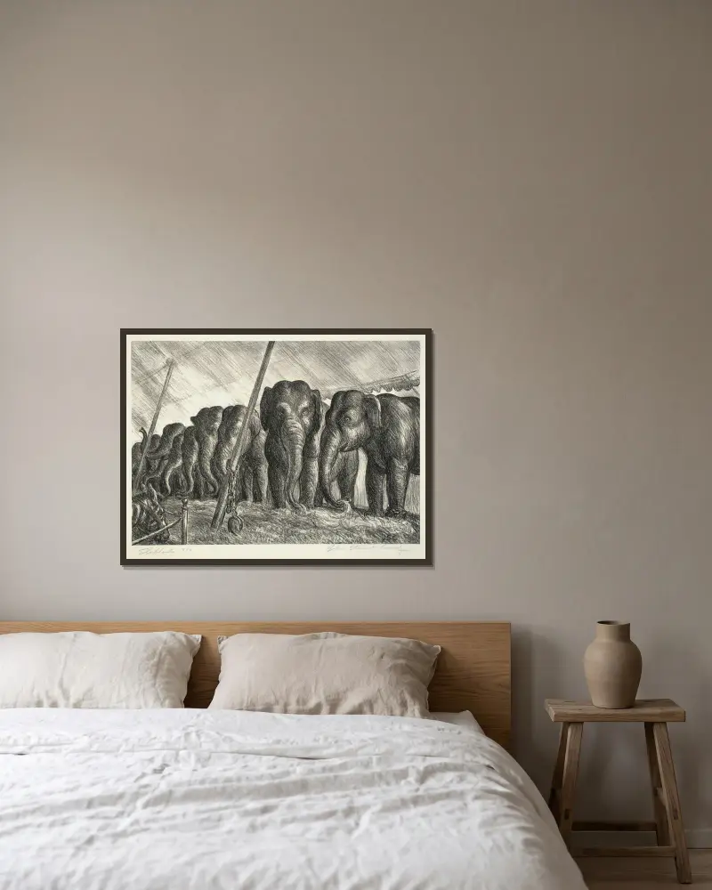 Zirkuselefanten von John Steuart Curry gerahmt an einer Wand