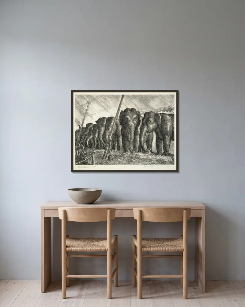 Zirkuselefanten von John Steuart Curry gerahmt an einer Wand