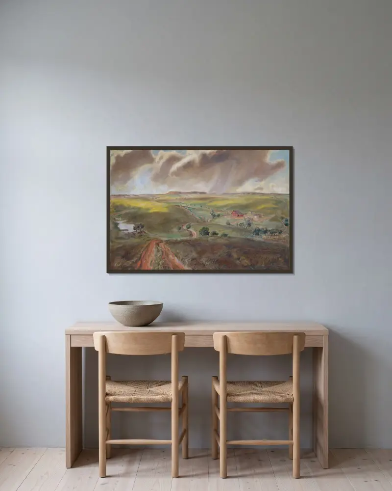 Frühlingsregen (Western Kansas Landscape) von John Steuart Curry gerahmt an einer Wand