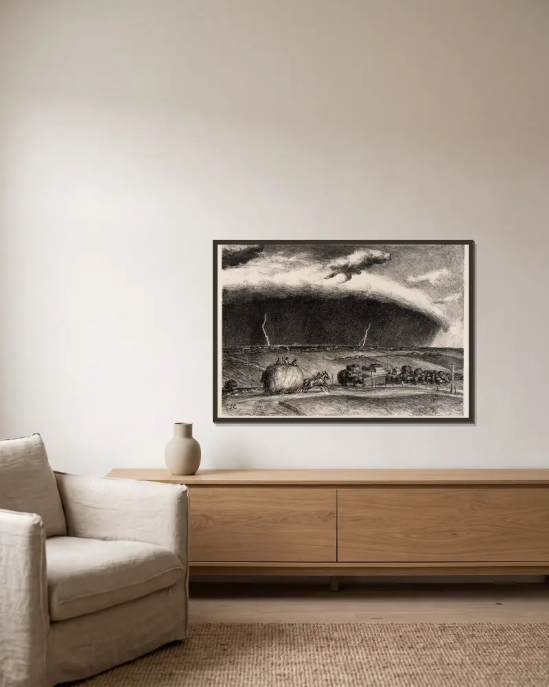 Der Liniensturm von John Steuart Curry gerahmt an einer Wand