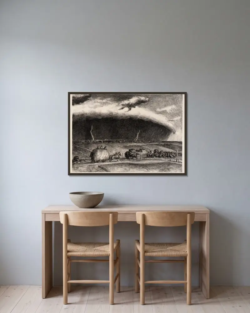 Der Liniensturm von John Steuart Curry gerahmt an einer Wand
