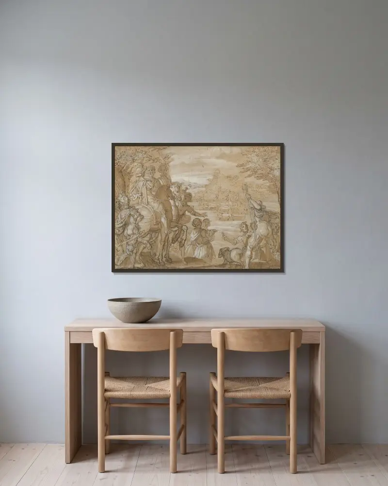 Ett jaktfölje av Jan van der Straet (Stradanus) inramad på en vägg