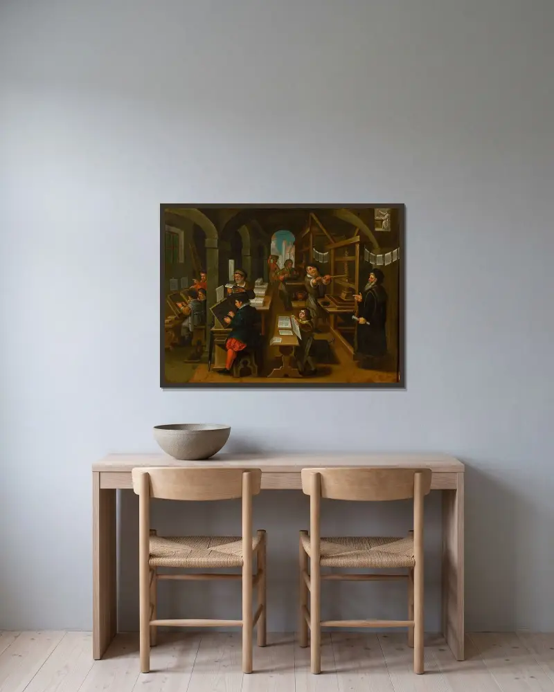 Tryckeriet av Jan van der Straet (Stradanus) inramad på en vägg