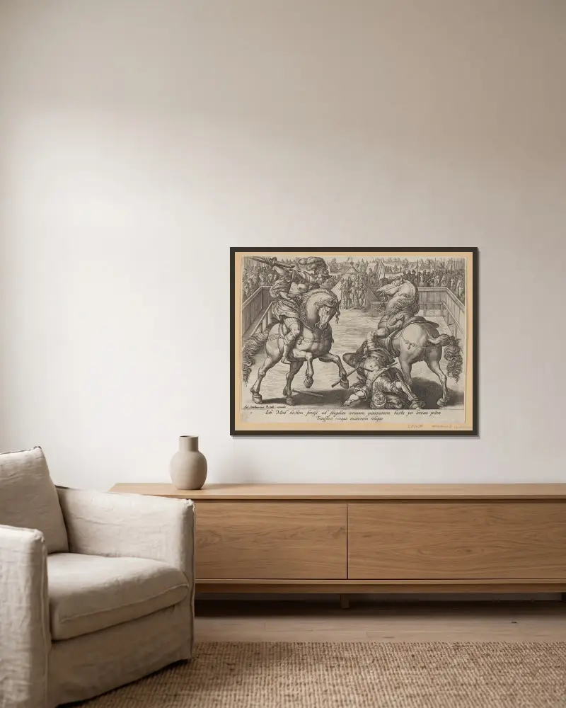 Giovanni de' Medici i duell av Jan van der Straet (Stradanus) inramad på en vägg