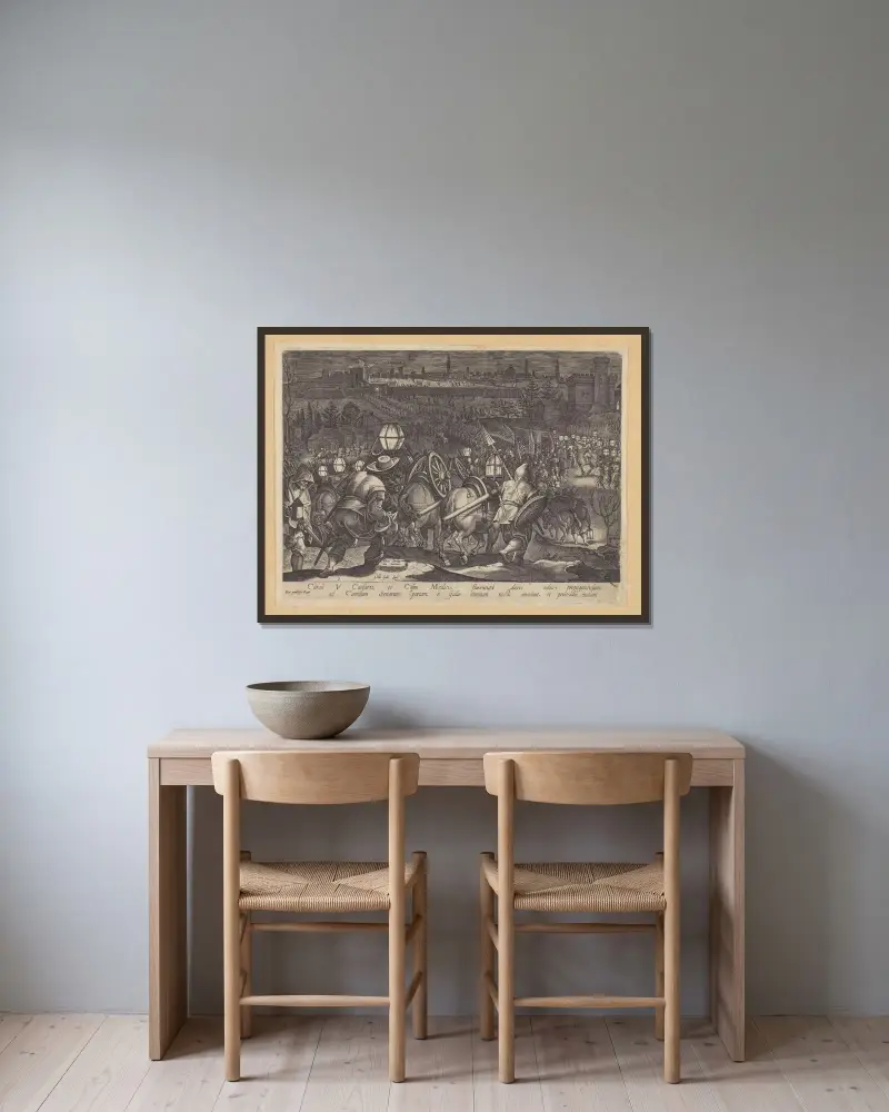Slaget vid Camolia och Siena av Jan van der Straet (Stradanus) inramad på en vägg