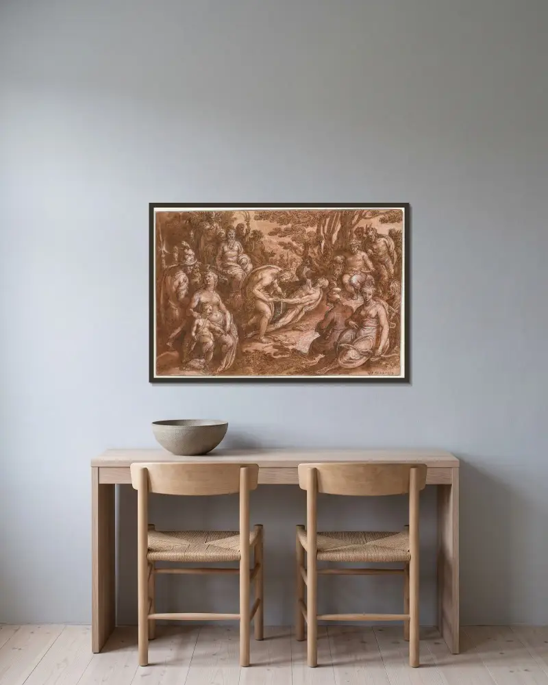 Marsyas flås av Jan van der Straet (Stradanus) inramad på en vägg