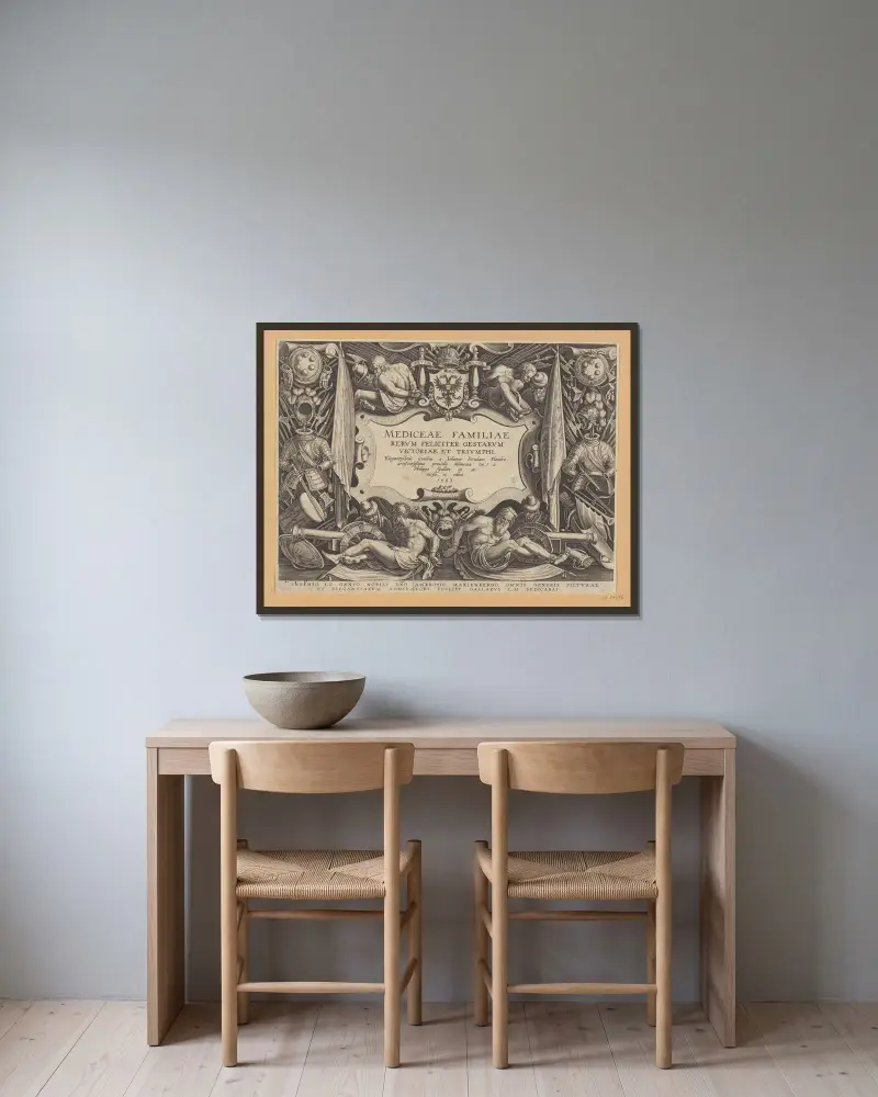 The History of The Medici – Titelblad av Jan van der Straet (Stradanus) inramad på en vägg