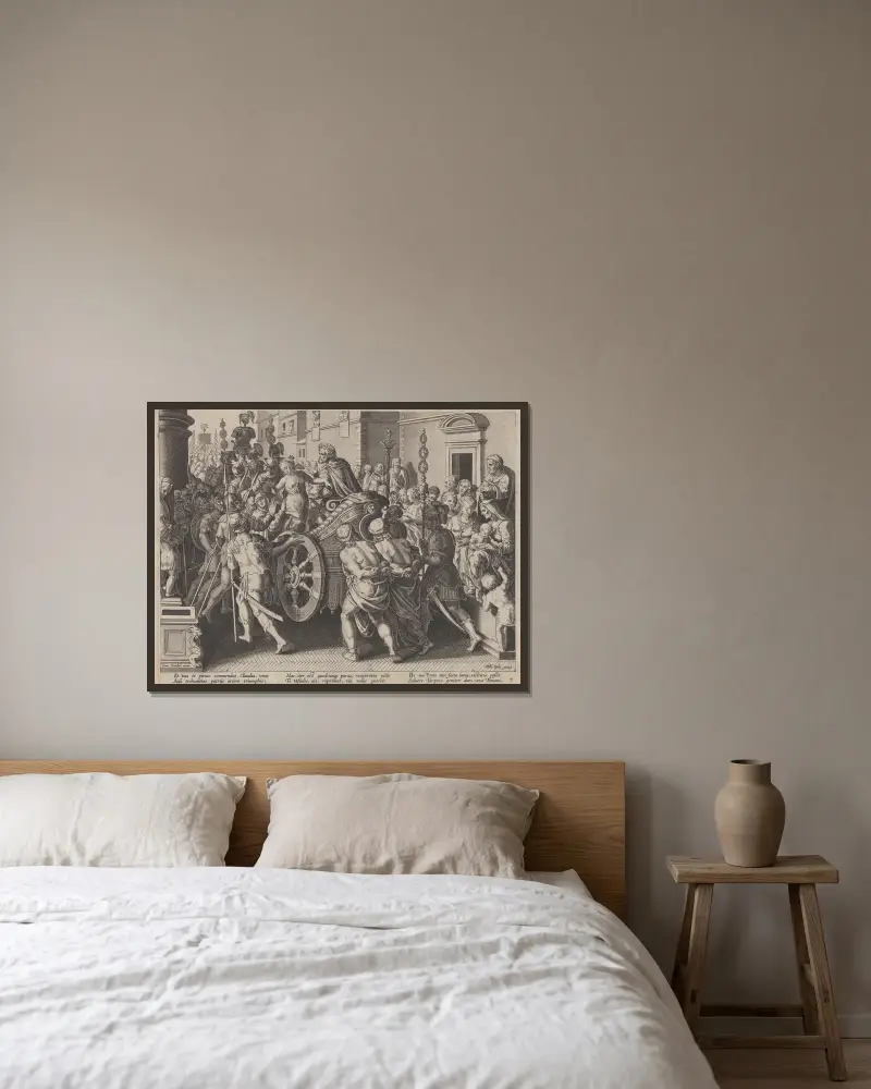 The Triumph of Hersilia av Jan van der Straet (Stradanus) inramad på en vägg