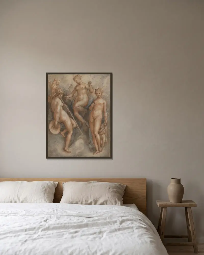 Tre gudinnor – Minerva, Juno och Venus av Jan van der Straet (Stradanus) inramad på en vägg