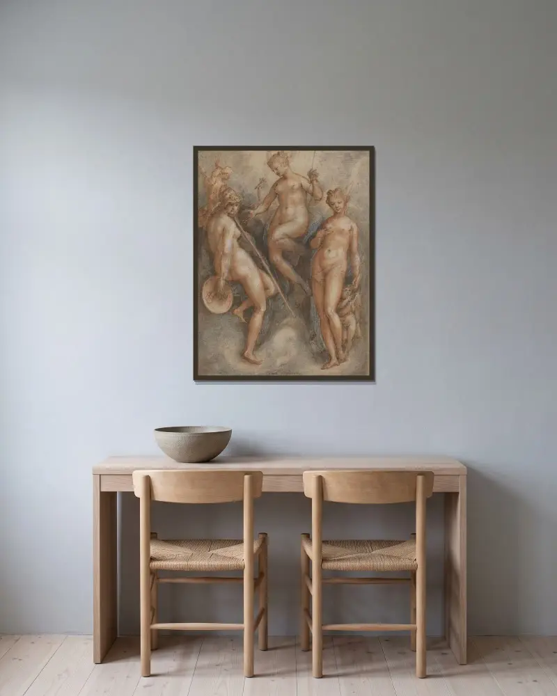 Tre gudinnor – Minerva, Juno och Venus av Jan van der Straet (Stradanus) inramad på en vägg