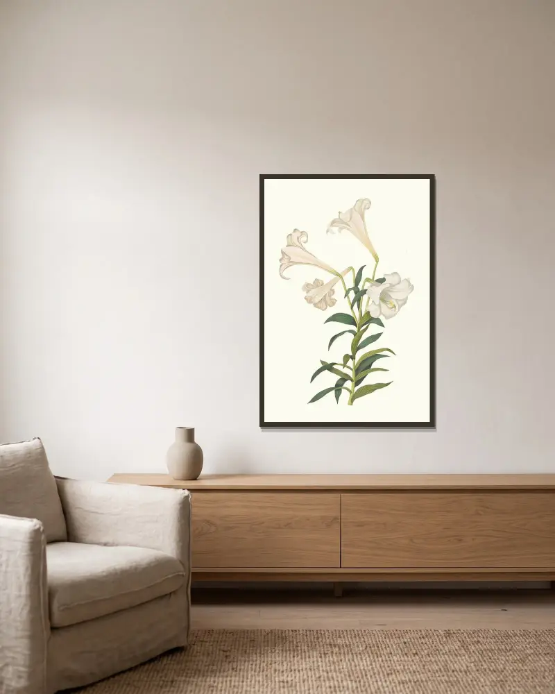 Lilium Longiflorum av Priscilla Susan Bury inramad på en vägg