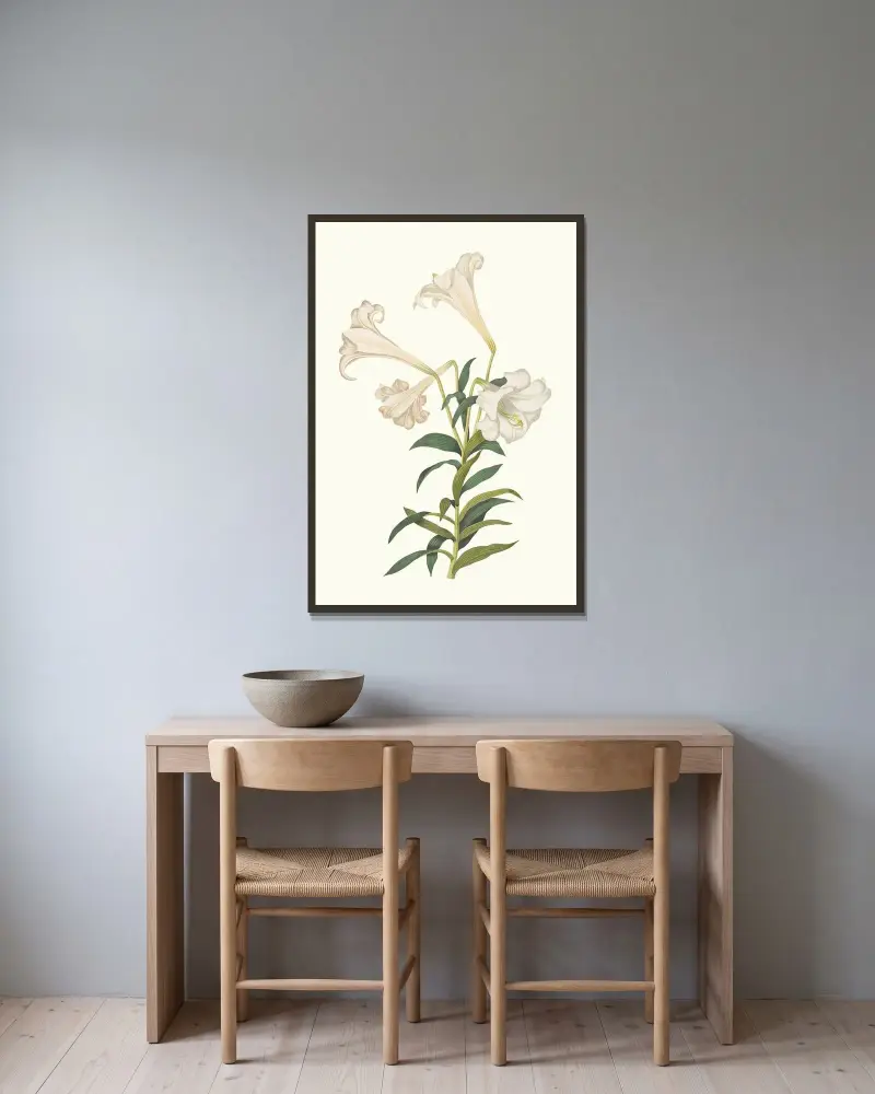 Lilium Longiflorum av Priscilla Susan Bury inramad på en vägg