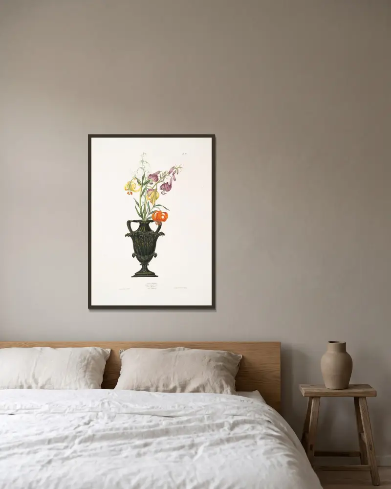 Lilium pomponium, Lilium chalcedonicum, Lilium martagon-sorter av Priscilla Susan Bury inramad på en vägg