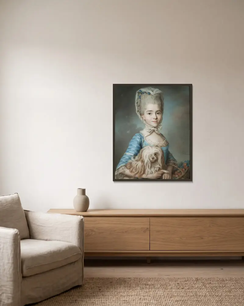Augustine Suzanne Roslin, konstnärens dotter av Marie-Suzanne Giroust inramad på en vägg