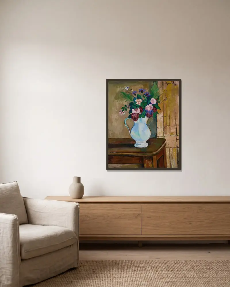 Strauß mit Rosen, Kornblumen und Farnen von Suzanne Valadon gerahmt an einer Wand