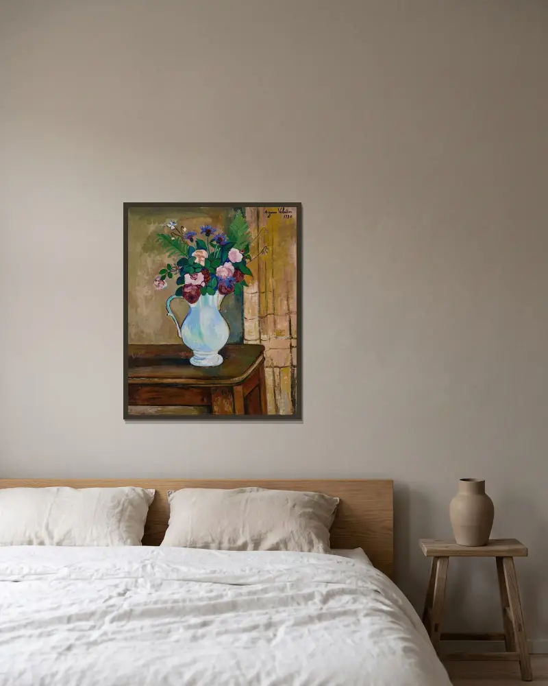 Strauß mit Rosen, Kornblumen und Farnen von Suzanne Valadon gerahmt an einer Wand