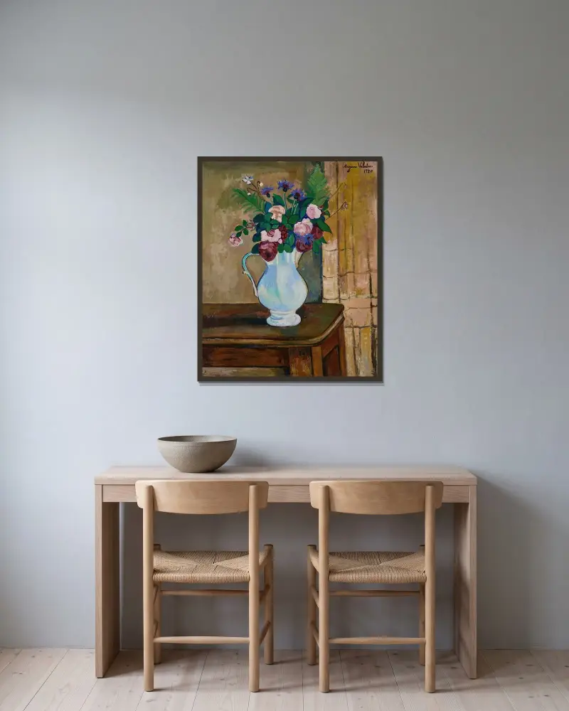 Strauß mit Rosen, Kornblumen und Farnen von Suzanne Valadon gerahmt an einer Wand