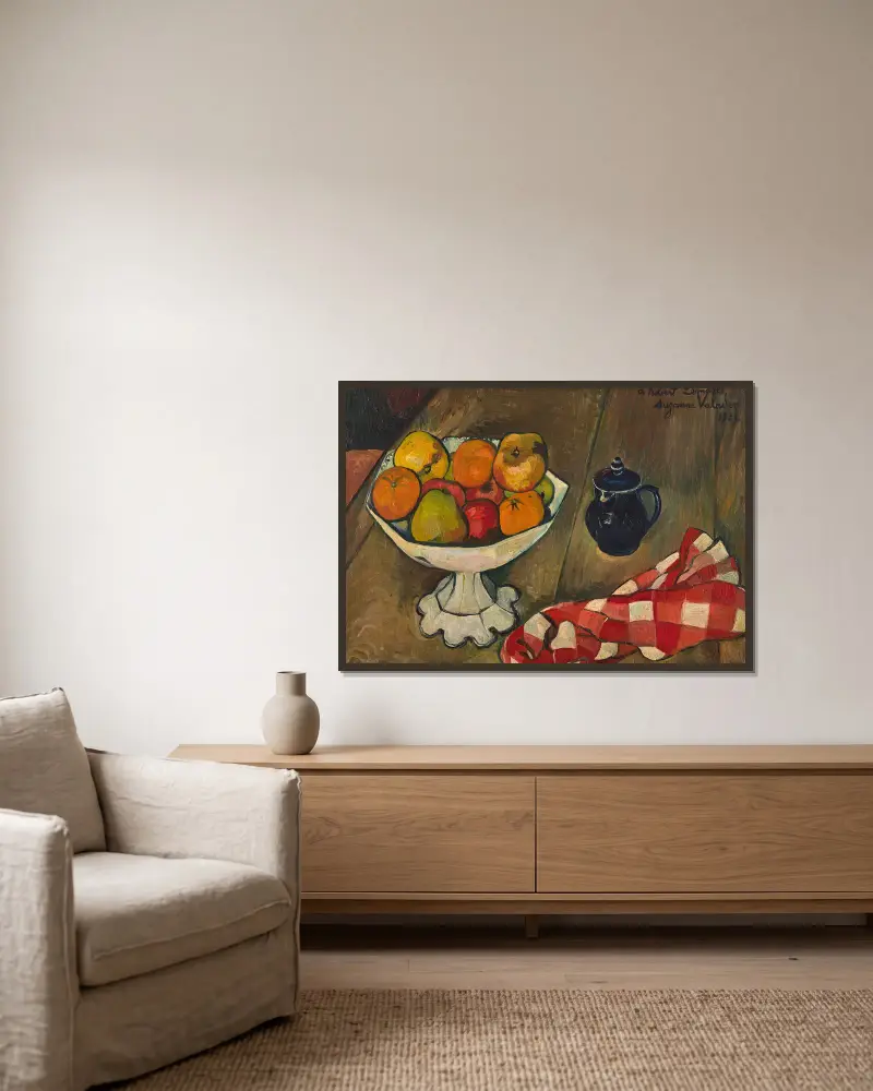 Compotier de fruits, pot et serviette av Suzanne Valadon inramad på en vägg