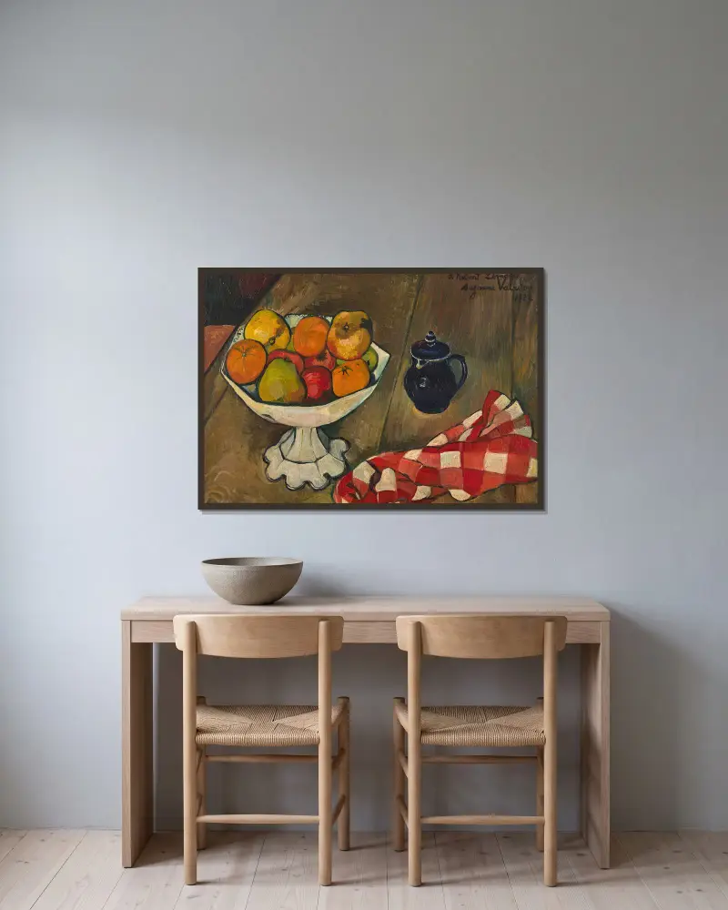 Compotier de fruits, pot et serviette av Suzanne Valadon inramad på en vägg
