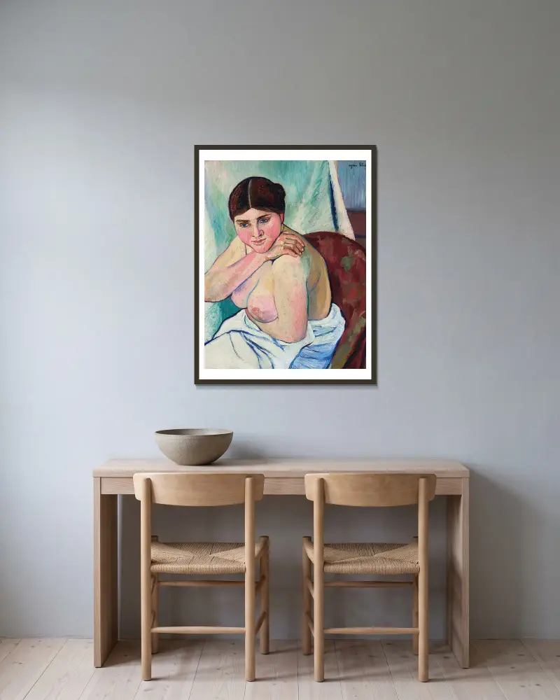 Juliette assise au fauteuil av Suzanne Valadon inramad på en vägg