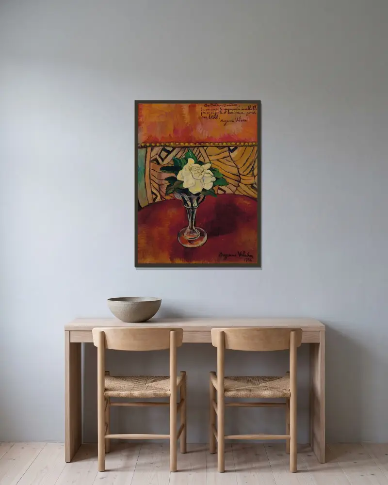 Stillleben mit weißer Rose von Suzanne Valadon gerahmt an einer Wand