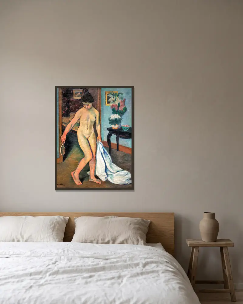 Akt vor dem Spiegel von Suzanne Valadon gerahmt an einer Wand