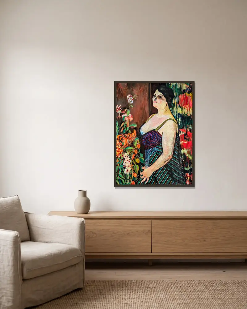 Portrait de Mauricia Coquiot av Suzanne Valadon inramad på en vägg