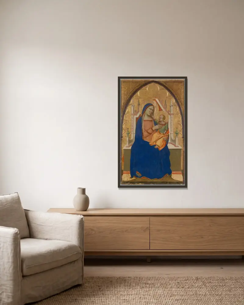 Jungfru och barn på tron av Taddeo Gaddi inramad på en vägg