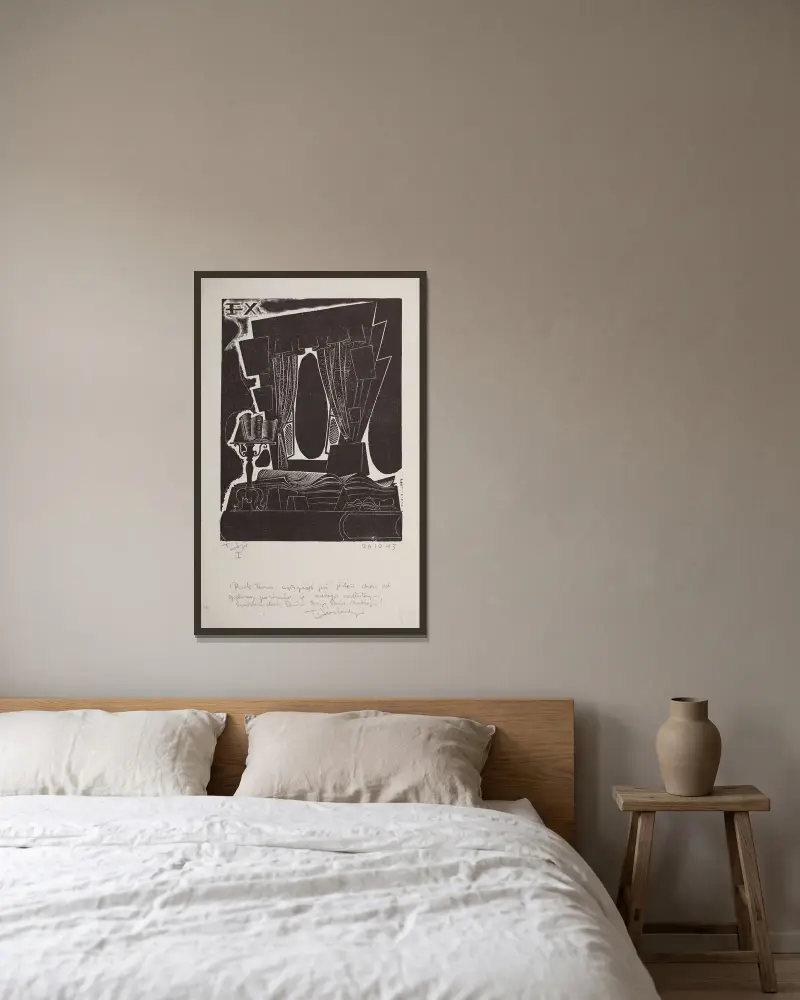 Exlibris für Tadeusz Leszner von Tadeusz Cieślewski gerahmt an einer Wand