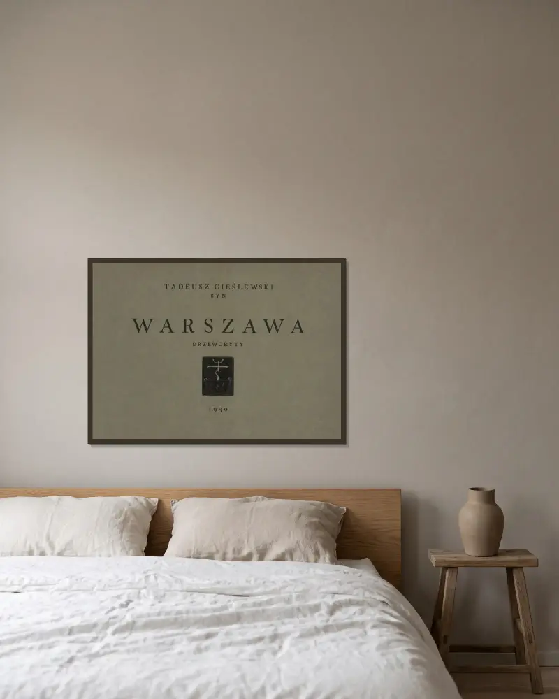 Tolv vyer av Warszawa – titelblad av Tadeusz Cieślewski inramad på en vägg