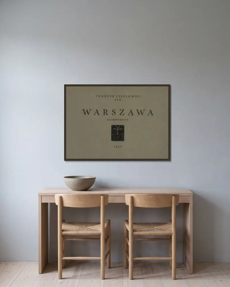 Tolv vyer av Warszawa – titelblad av Tadeusz Cieślewski inramad på en vägg