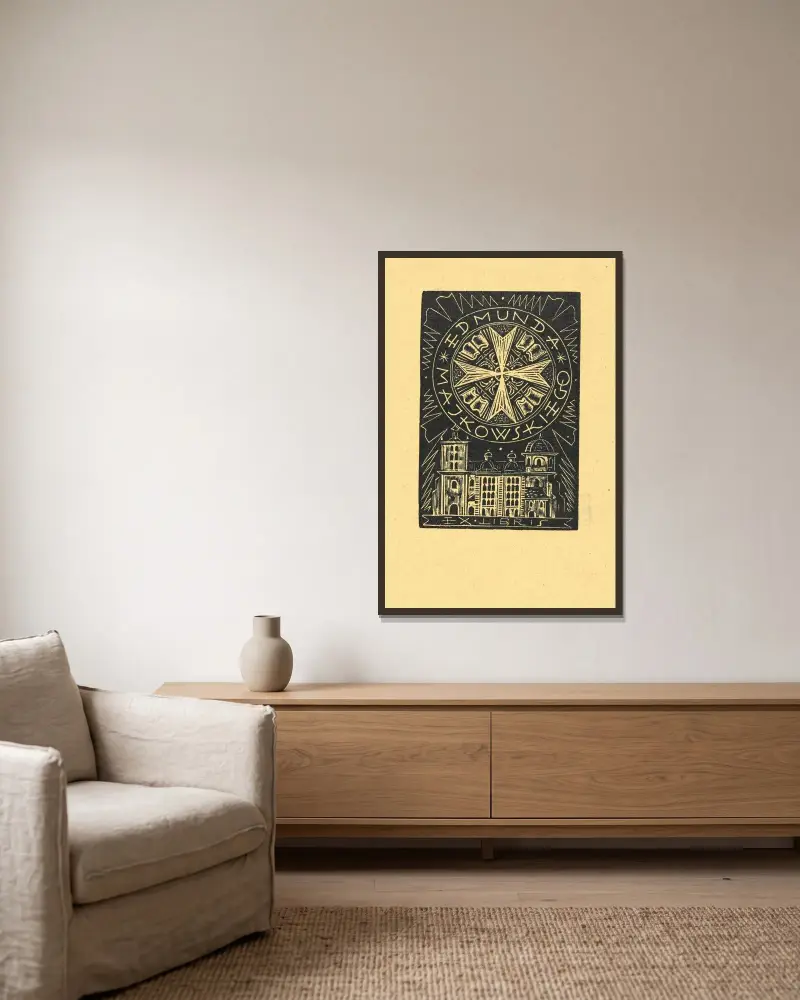 Edmunda Majkowskiego Exlibris von Tadeusz Cieślewski gerahmt an einer Wand