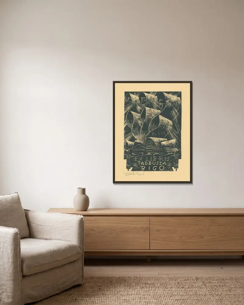 Exlibris von Tadeusz Bigo von Tadeusz Cieślewski gerahmt an einer Wand