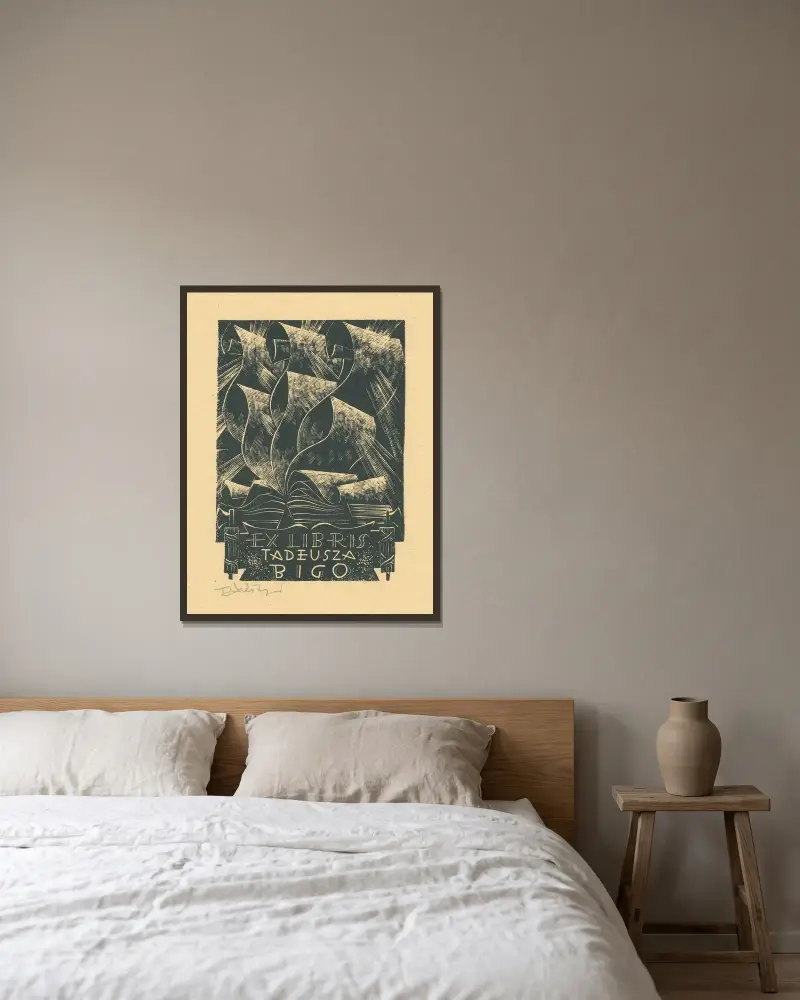 Exlibris von Tadeusz Bigo von Tadeusz Cieślewski gerahmt an einer Wand