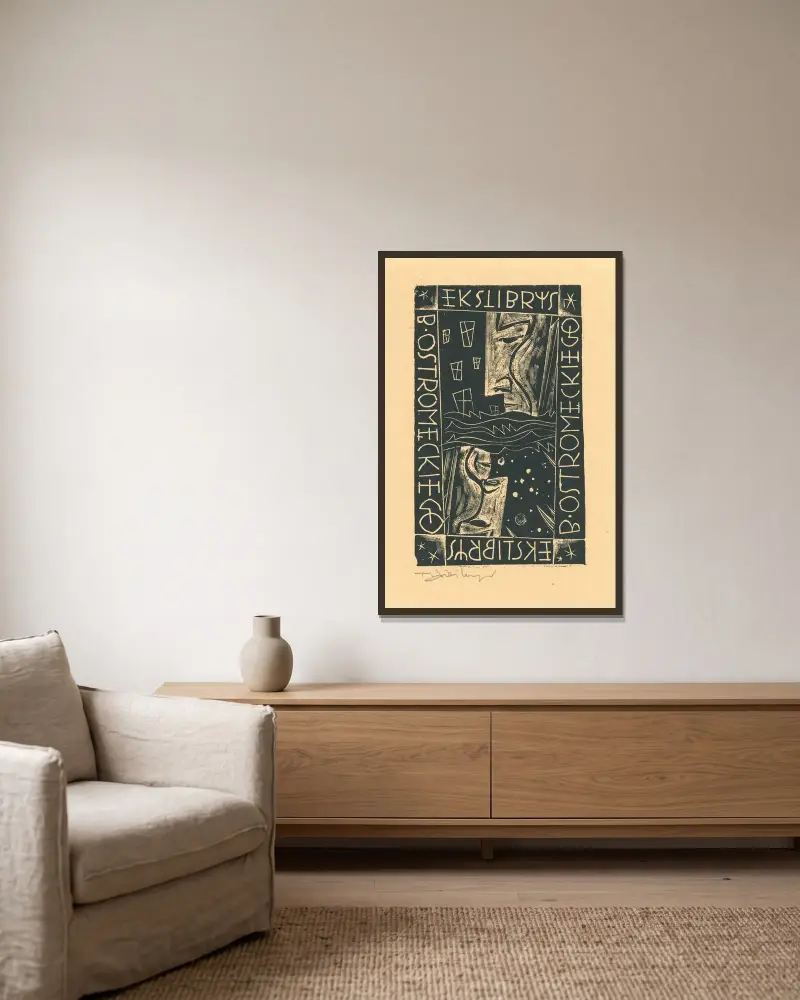 Exlibris B. Ostromęckiego von Tadeusz Cieślewski gerahmt an einer Wand