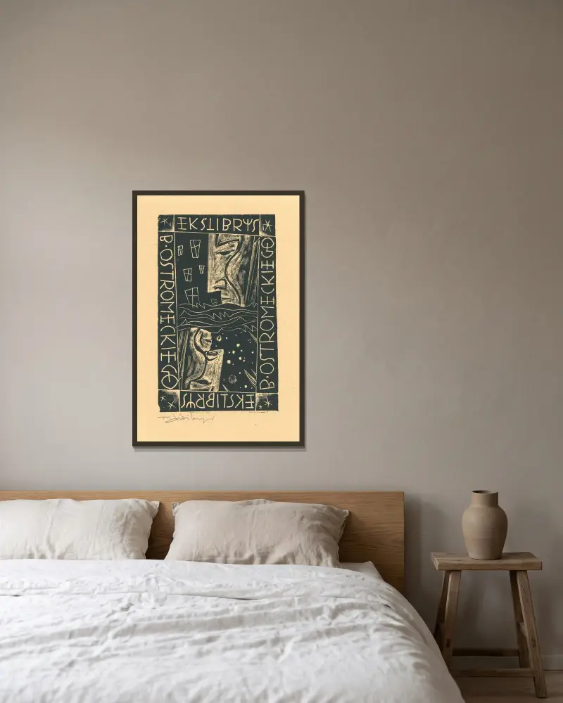 Exlibris B. Ostromęckiego von Tadeusz Cieślewski gerahmt an einer Wand