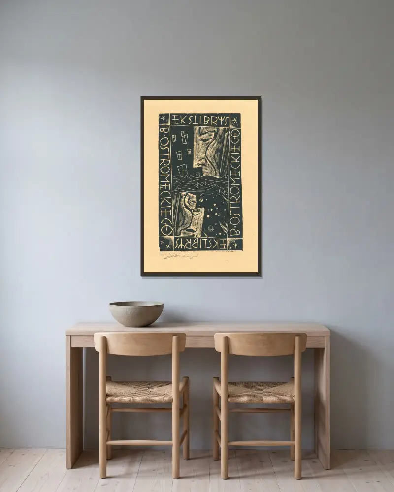 Exlibris B. Ostromęckiego von Tadeusz Cieślewski gerahmt an einer Wand