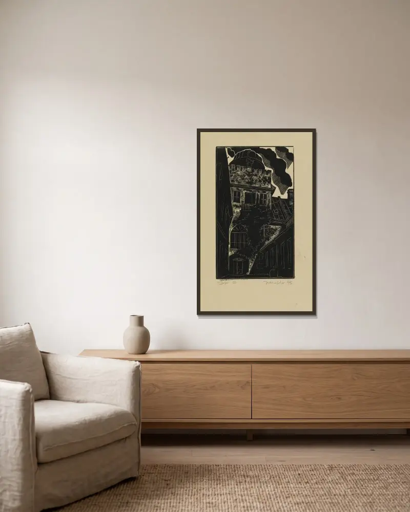 Der Hof am Haus Przypkowski in Jędrzejów von Tadeusz Cieślewski gerahmt an einer Wand
