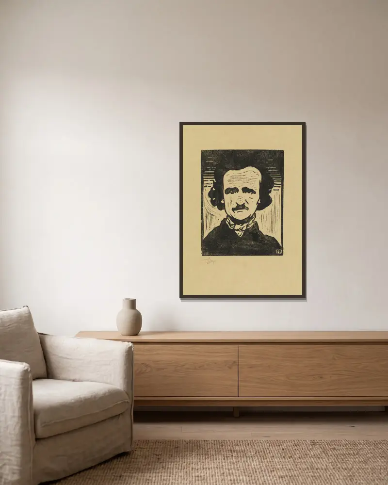 Portrait of Edgar Allan Poe av Tadeusz Cieślewski inramad på en vägg