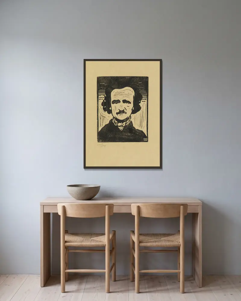 Portrait of Edgar Allan Poe av Tadeusz Cieślewski inramad på en vägg