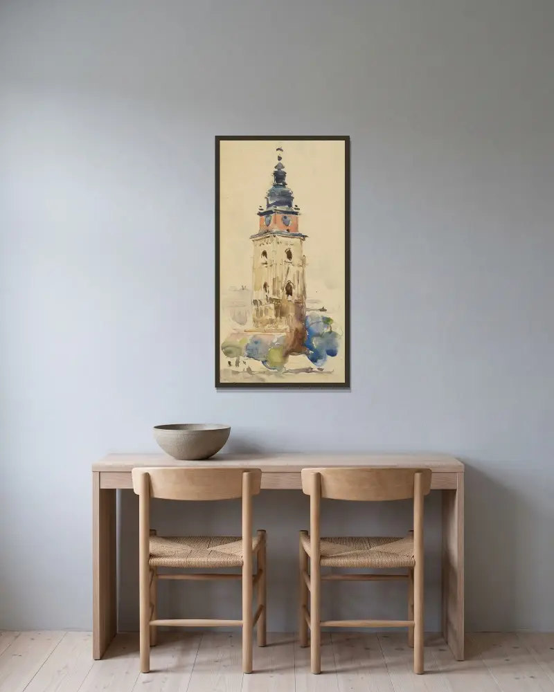 Rådhustornet i Kraków av Tadeusz Cieślewski inramad på en vägg