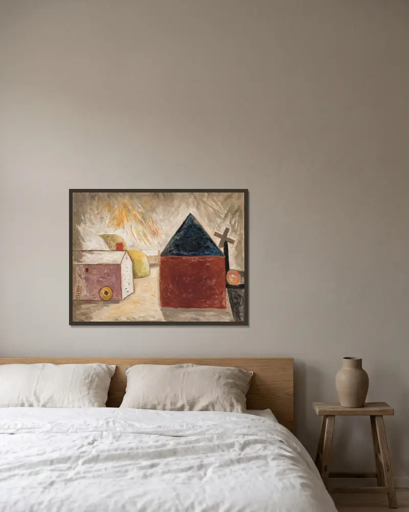 Hinterhof im Sonnenschein von Tadeusz Makowski gerahmt an einer Wand