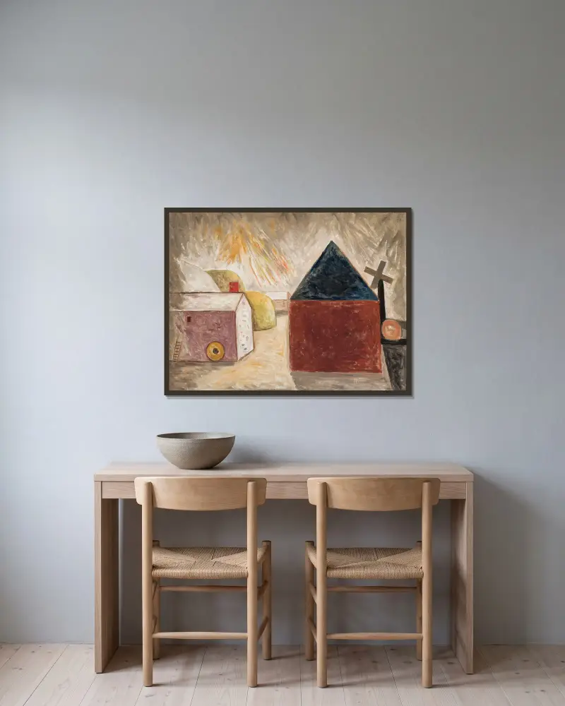Hinterhof im Sonnenschein von Tadeusz Makowski gerahmt an einer Wand