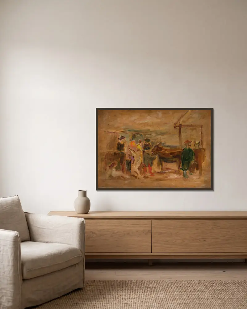Figurenszene mit Eseln von Tadeusz Makowski gerahmt an einer Wand