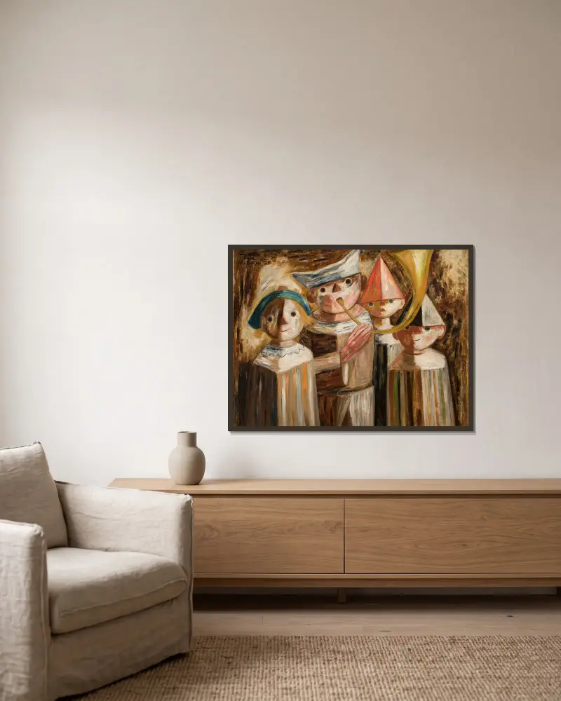Four children with a trumpet av Tadeusz Makowski inramad på en vägg