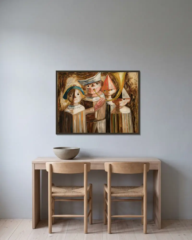 Four children with a trumpet av Tadeusz Makowski inramad på en vägg