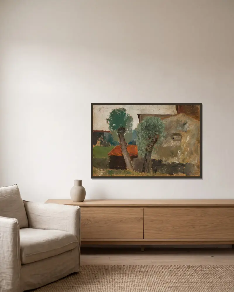 Fragment of a house with two trees av Tadeusz Makowski inramad på en vägg