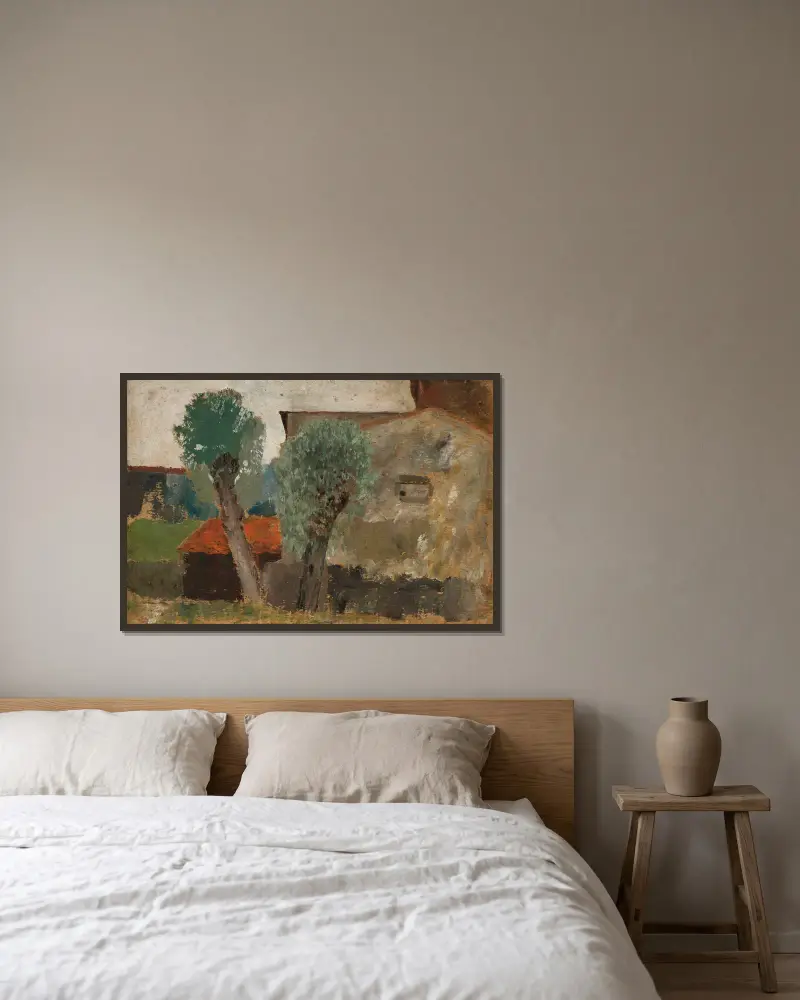 Fragment of a house with two trees av Tadeusz Makowski inramad på en vägg