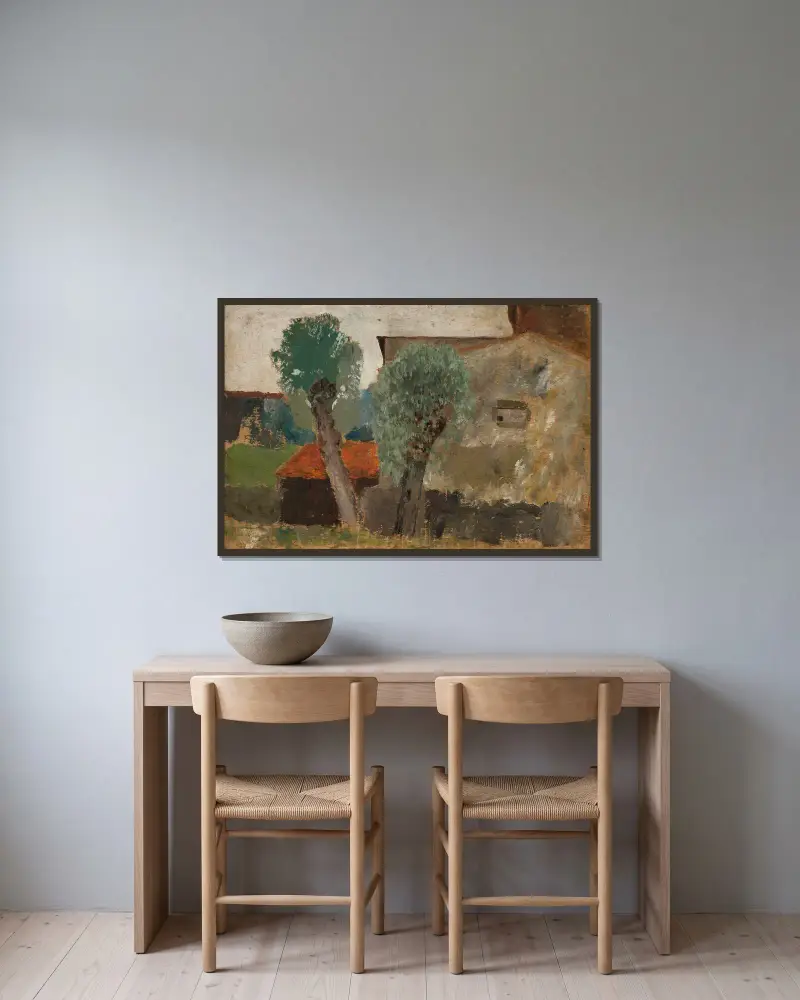 Fragment of a house with two trees av Tadeusz Makowski inramad på en vägg